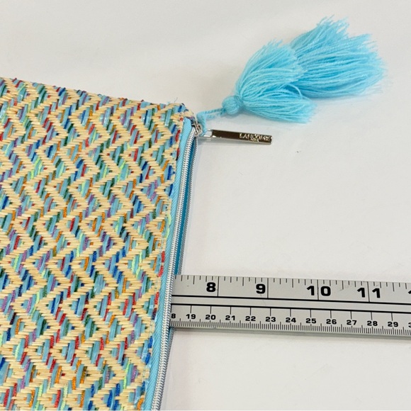 🆕 Lancome Luxe Woven Clutch – Aqua Tassel Zip Bag – Colorful Straw Weave 🆕 - Picture 8 of 16